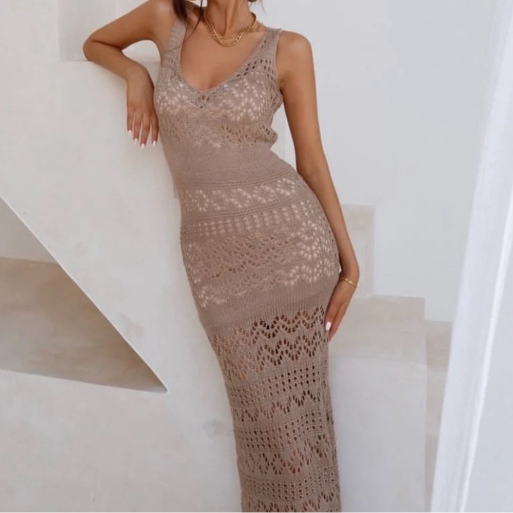 Sleeveless Crochet Maxi Dress - Taupe